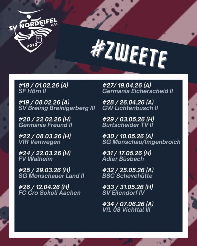 Unsere #Zweete ist bereits vor 2 Wochen nach kurzer #Winterpause in die Vorbereitung auf die #Rückrunde gestartet. Hier der Rückrunden-Fahrplan unserer Jungs im Überblick.⚽️