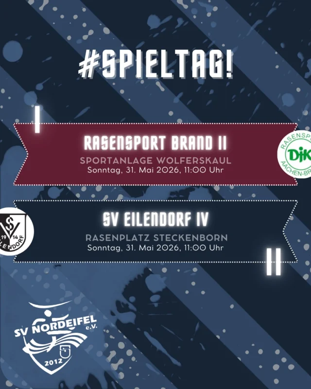 Die #Saison neigt sich langsam dem Ende. Am vorletzten #Spieltag wartet dennoch nochmal eine kleine Mammut-Aufgabe auf unsere #Erste, denn auswärts geht’s zum Tabellenzweiten nach Brand.⚽️
Unsere #Zweete empfängt Eilendorf zum letzten #Heimspiel in Steckenborn. Wir freuen uns auf Eure Unterstützung! 💪🏼