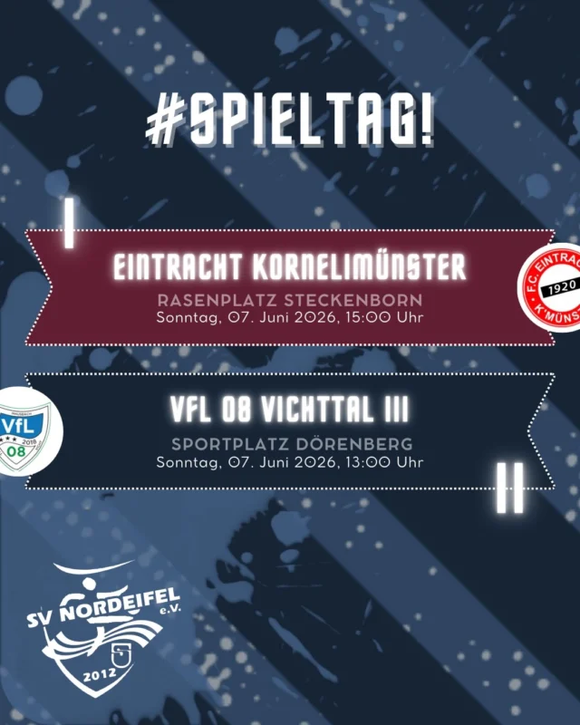 Letzter #Spieltag der Saison 25/26! 👀 
Am kommenden Sonntag beenden beide Teams ihre #Saison.
Unsere #Zweete ist auswärts nochmal beim VfL Vichttal gefordert - ein erfolgreicher Abschluss einer turbulenten Saison ist das Ziel.💪🏼
Um 15 Uhr empfängt unsere #Erste dann Kornelimünster zum #Heimspiel mit dem klaren Ziel, den dritten Platz zu verteidigen. Im Anschluss wird beim Saisonabschluss auf die erfolgreiche Saison angestoßen. 🍻
Wir freuen uns auf Eure Unterstützung.