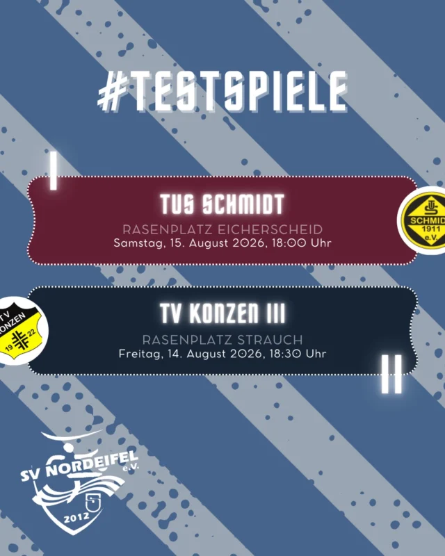 An diesem Wochenende stehen gleich drei #Testspiele an! ⚽️ 
Unsere #Erste trifft beim Robert-Löhrer-Gedächtnis-Cup in Eicherscheid auf den TuS Schmidt.
Für die #Zweete stehen die ersten und letzten beiden Testspiele der Vorbereitung auf der Sportwoche von Hertha Strauch an. Der Gegner für das Spiel am Sonntag wird erst am Freitagabend beim Halbfinale des Bürgermeister-Goffart-Pokals ermittelt.

Kommt vorbei! 💪🏼