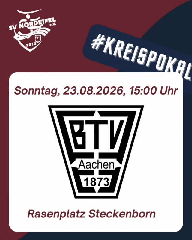 Jetzt geht’s wieder richtig los! 💥 
Unsere #Erste erwartet zum #Pflichtspielauftakt den A-Ligisten aus Burtscheid zur ersten Runde des Bitburger Kreispokals.
Wir freuen uns auf euren Support! 💪🏼